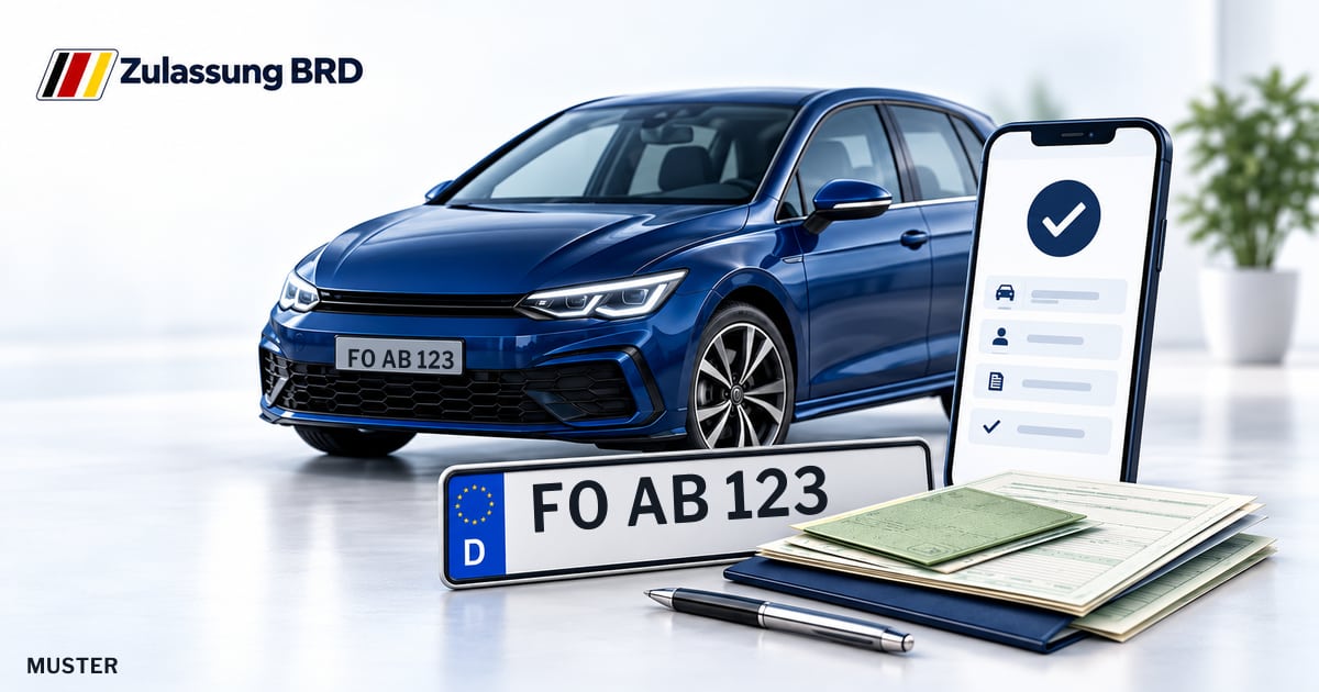 Online Fahrzeugzulassung in Landkreis Forchheim: Musterkennzeichen FO AB 123, Auto und Fahrzeugpapiere und Smartphone. Illustration mit Logo von Zulassung BRD.